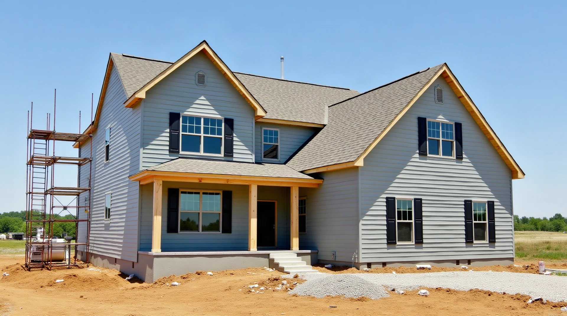 new home under construction with fresh fiber cement lap siding being installed, scaffolding, photographic