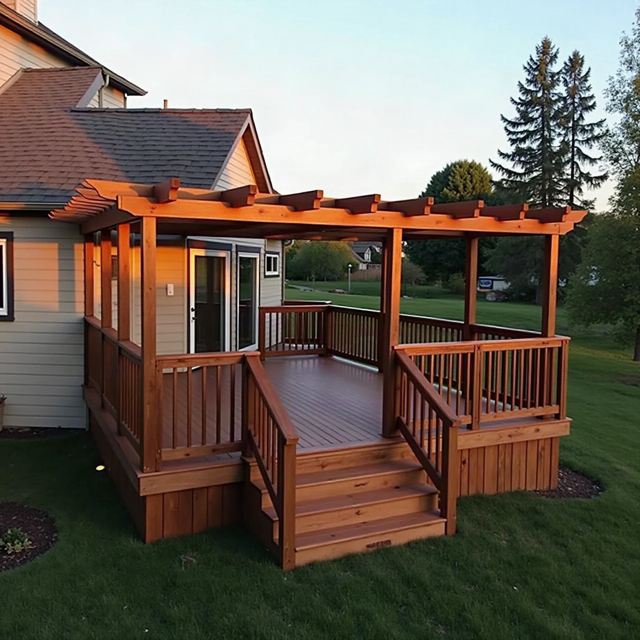 custom wood deck with railings and a pergola in a suburban backyard, golden hour, photographic