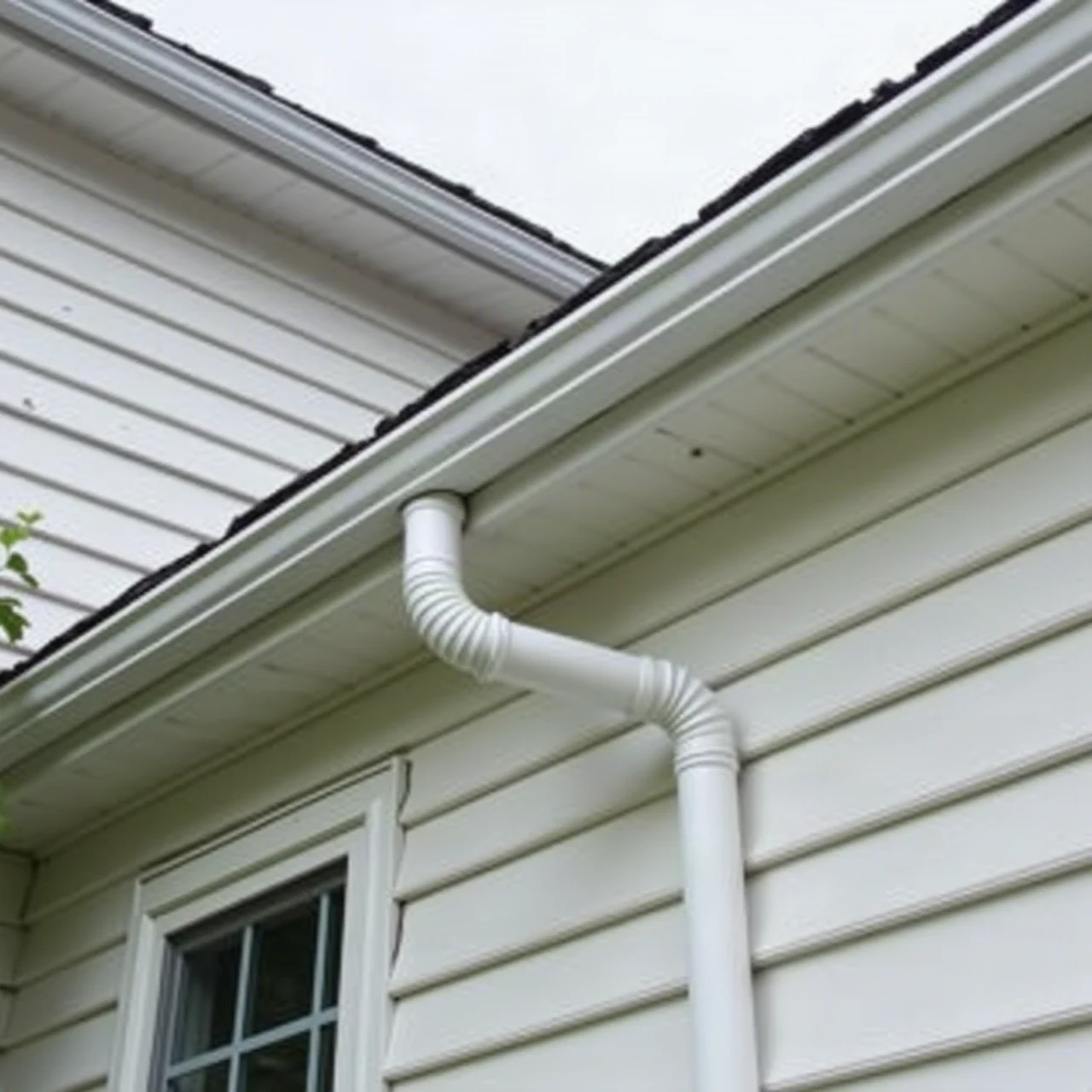close-up of new seamless aluminum gutter and downspout on a white-sided house eave, overcast Carolina daylight, photographic