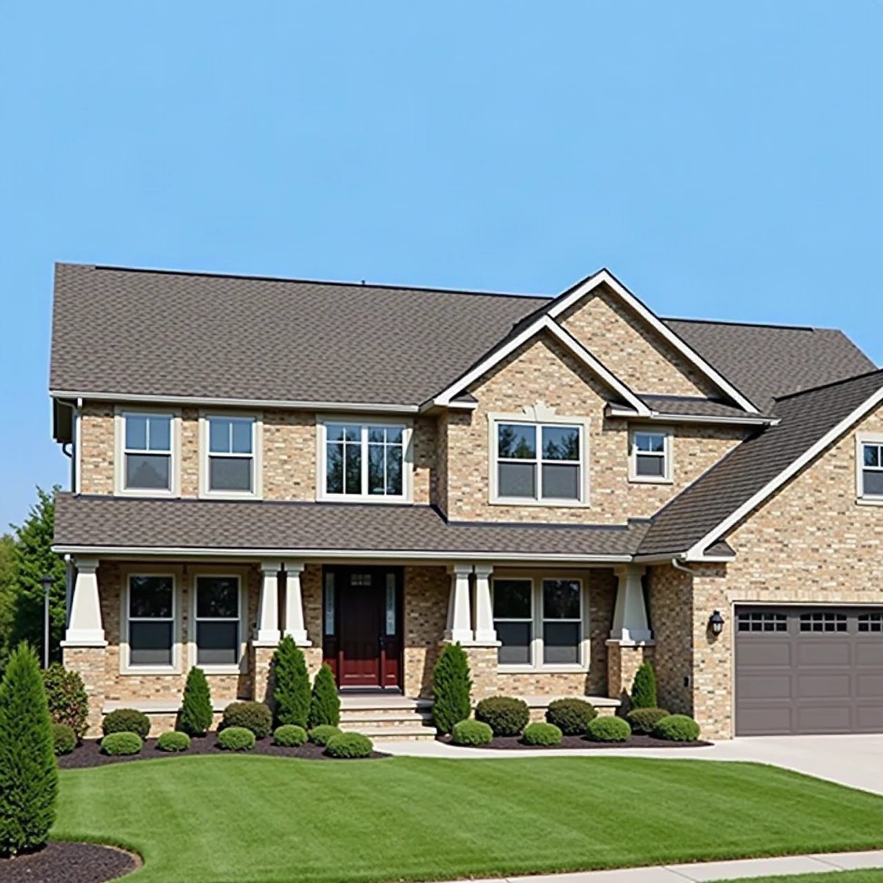 new architectural shingle roof on a two-story suburban home under blue sky, photographic