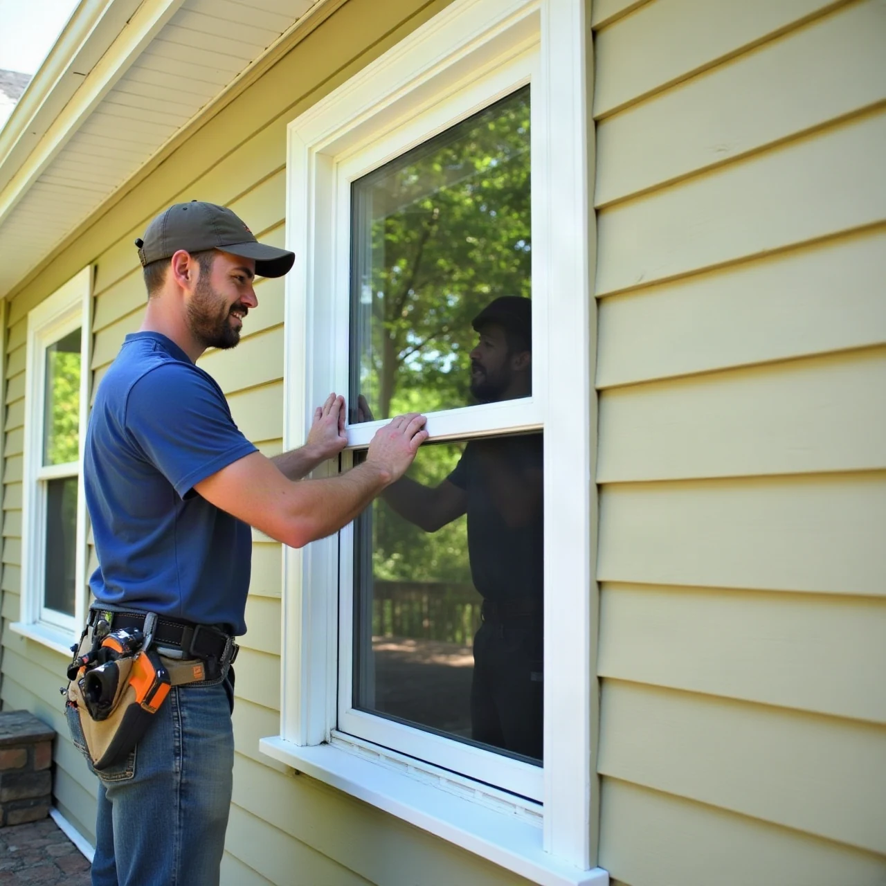 installer fitting a new double-hung vinyl window into a home exterior wall, natural light, photographic
